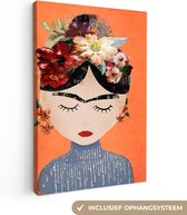 Canvas Schilderij Portret - Frida Kahlo - Oranje - Vrouw - Bloemen - 60x90 cm - Wanddecoratie