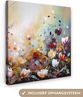 Canvas Schilderij Olieverf - Bloemen - Kleurrijk - Natuur - 20x20 cm - Wanddecoratie