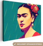 Canvas Schilderij Portret - Frida Kahlo - Vrouw - Vintage - Rood - 120x90 cm - Wanddecoratie