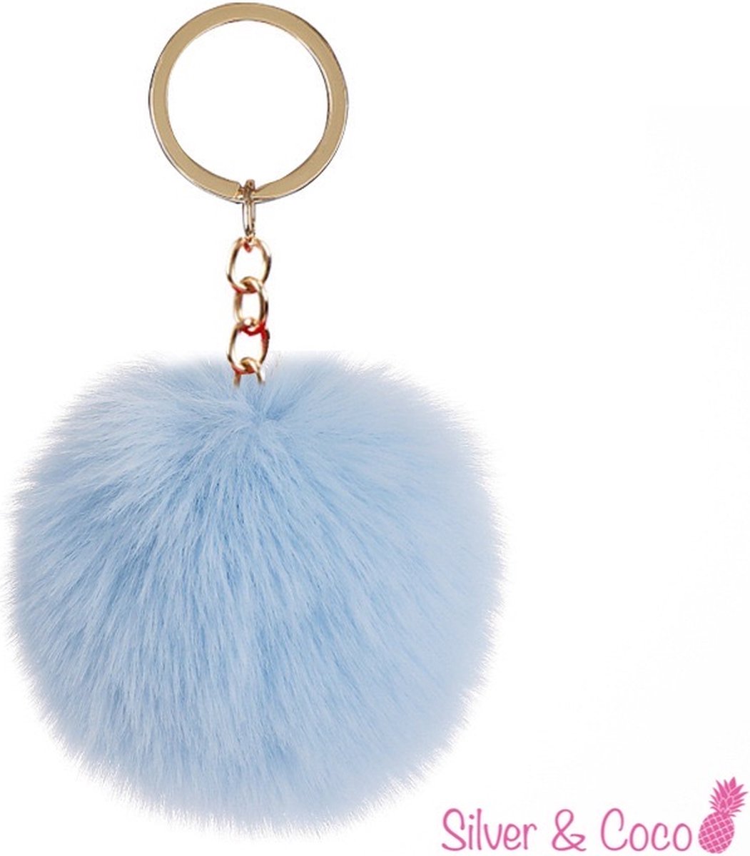 SilverAndCoco® - Faux Fur Bal / Meisjes Sleutelhanger Auto Huis / Key Chain Pom Pom / Sleutel Ring Nep Bol Imitatie Bont / Pluche Fluffy Bolletje / Sleutels Vrouwen - Licht Blauw