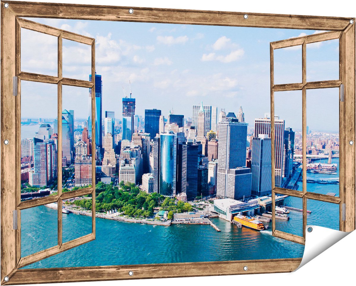 Gards Tuinposter Doorkijk New York Als een Eiland vanuit de Lucht - 150x100 cm - Tuindoek - Tuindecoratie - Wanddecoratie buiten - Tuinschilderij Licht bruin