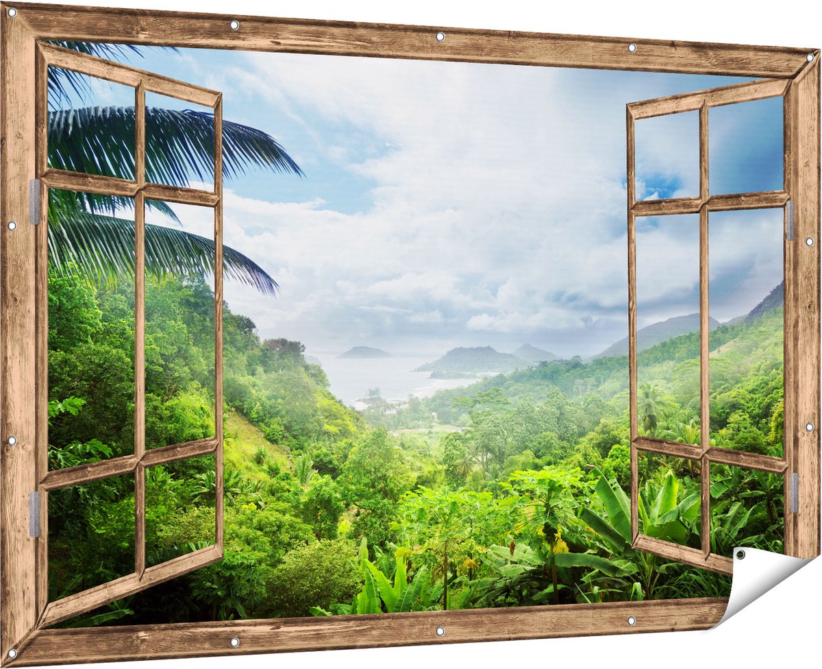 Gards Tuinposter Doorkijk Jungle Uitzicht op de Seychellen - 180x120 cm - Tuindoek - Tuindecoratie - Wanddecoratie buiten - Tuinschilderij Multikleur