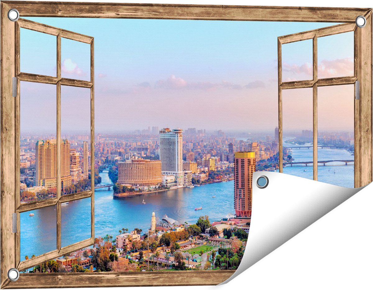 Gards Tuinposter Doorkijk De Nijl Rivier in Cairo, Egypte - 60x40 cm - Tuindoek - Tuindecoratie - Wanddecoratie buiten - Tuinschilderij Licht bruin