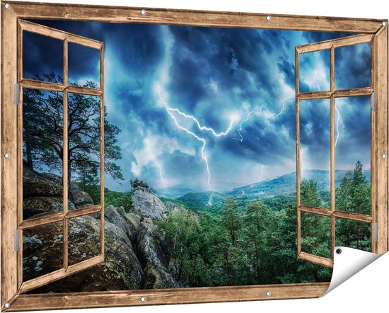 Gards Affiche de jardin Orage transparent dans la forêt - Foudre - 150x100 cm - Toile jardin - Décoration de jardin - Décoration murale extérieur - Tableau jardin