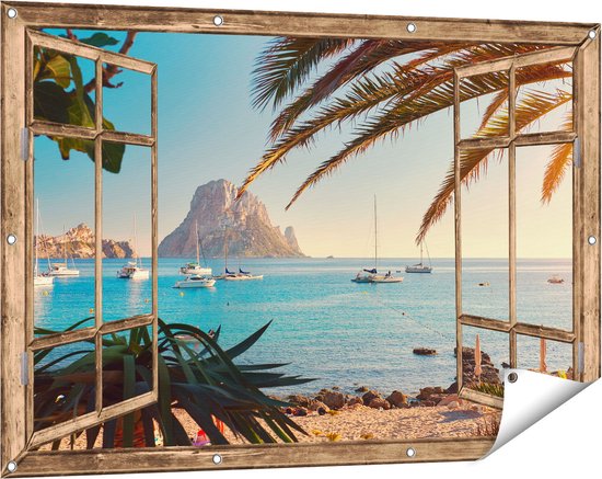 Gards Tuinposter Doorkijk Ibiza Cala d'Hort Strand - 120x80 cm - Tuindoek - Tuindecoratie - Wanddecoratie buiten - Tuinschilderij