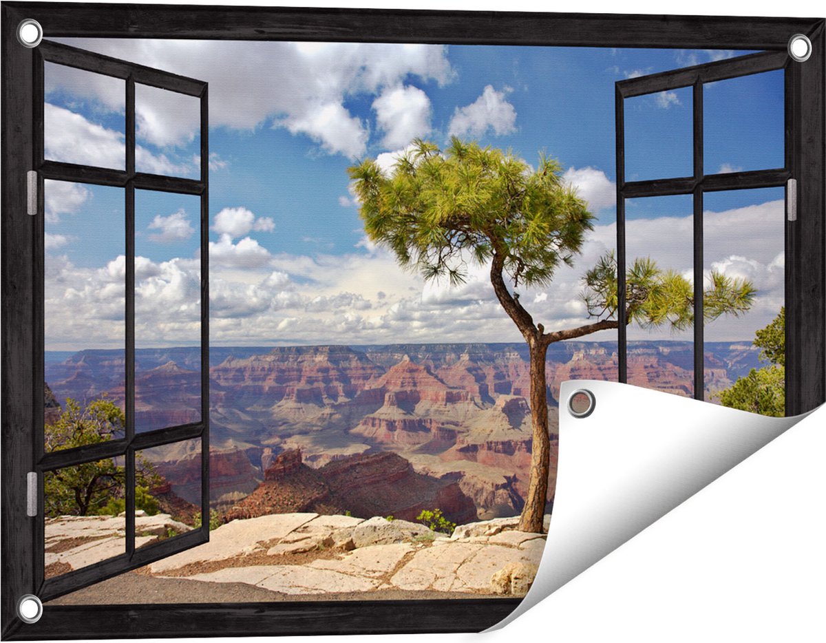 Gards Tuinposter Doorkijk Grand Canyon met Boom - 60x40 cm - Tuindoek - Tuindecoratie - Wanddecoratie buiten - Tuinschilderij Zwart