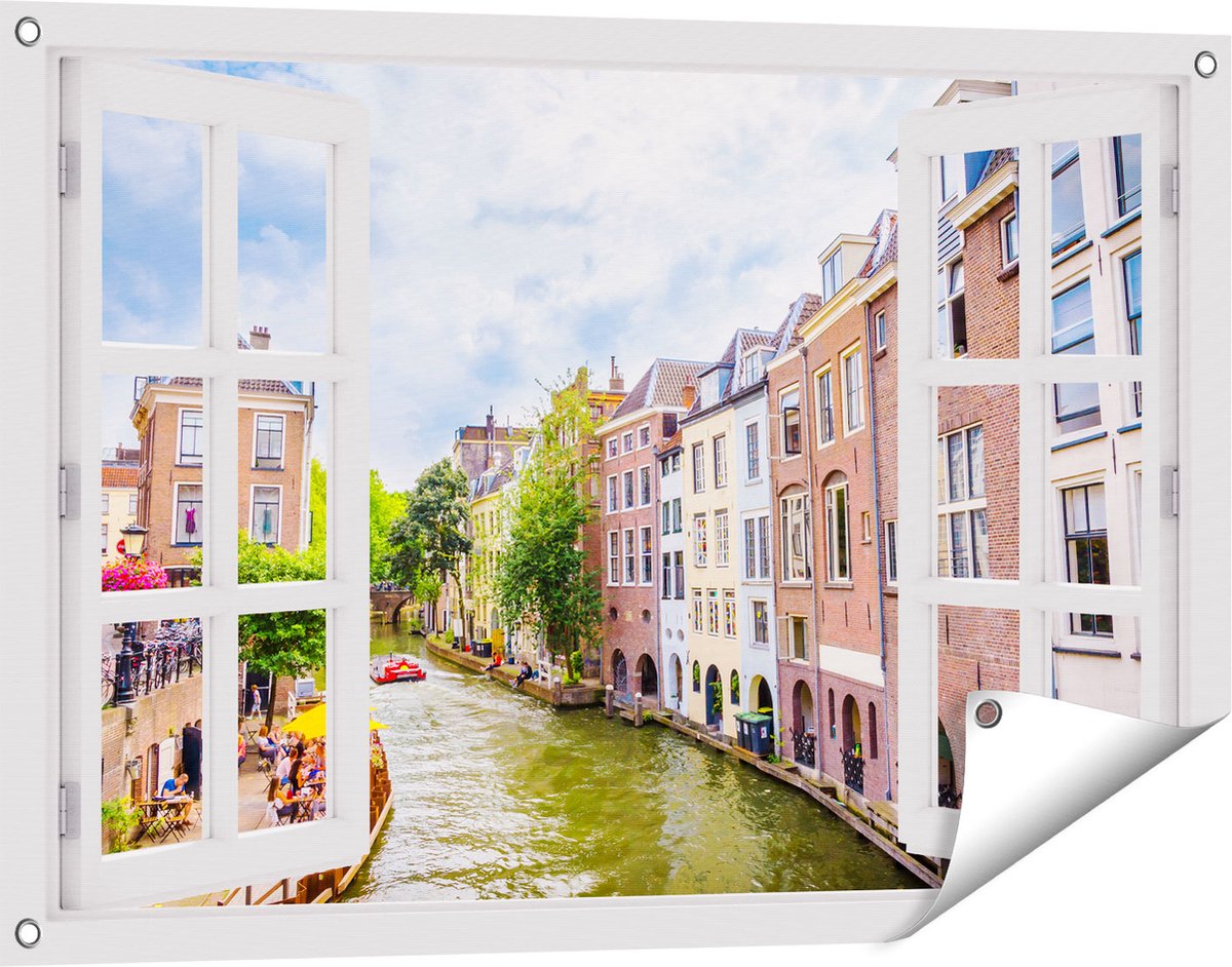 Gards Tuinposter Doorkijk Huizen aan de Oudegracht in Utrecht - 90x60 cm - Tuindoek - Tuindecoratie - Wanddecoratie buiten - Tuinschilderij Wit