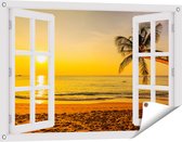 Gards Tuinposter Doorkijk Tropisch Strand tijdens Zonsondergang - 90x60 cm - Tuindoek - Tuindecoratie - Wanddecoratie buiten - Tuinschilderij