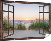 Gards Tuinposter Doorkijk Zee vanuit Duinen met Zonsondergang - 180x120 cm - Tuindoek - Tuindecoratie - Wanddecoratie buiten - Tuinschilderij