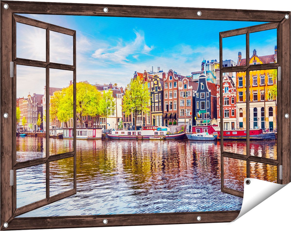 Gards Tuinposter Doorkijk Amsterdamse Huisjes aan het Water - 120x80 cm - Tuindoek - Tuindecoratie - Wanddecoratie buiten - Tuinschilderij Donker bruin