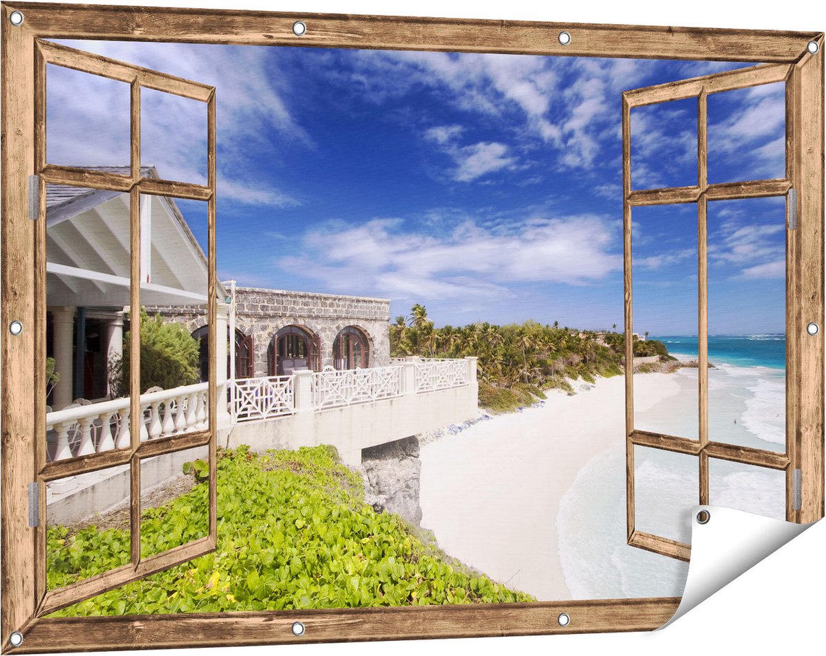 Gards Tuinposter Doorkijk Het Strandhuis - 120x80 cm - Tuindoek - Tuindecoratie - Wanddecoratie buiten - Tuinschilderij licht bruin