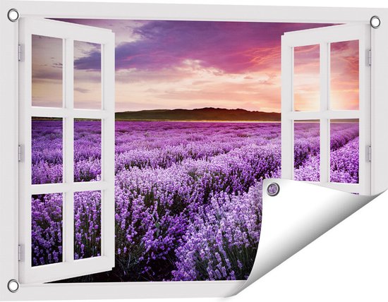 Gards Tuinposter Doorkijk Bloemenveld met Paarse Lavendel - Bloemen - 60x40 cm - Tuindoek - Tuindecoratie - Wanddecoratie buiten - Tuinschilderij