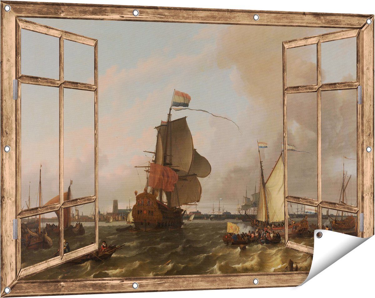 Gards Tuinposter Doorkijk Het Oorlogsschip Brielle op de Maas voor Rotterdam - Ludolf Bakhuysen - 120x80 cm - Tuindoek - Tuindecoratie - Wanddecoratie buiten - Tuinschilderij Licht bruin