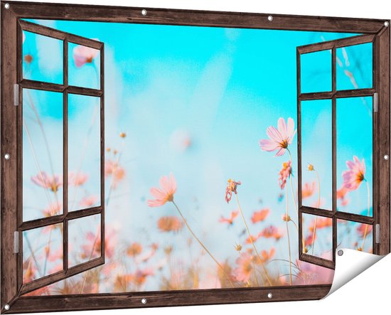 Gards Tuinposter Doorkijk Paarse Kosmos Bloemen - 150x100 cm - Tuindoek - Tuindecoratie - Wanddecoratie buiten - Tuinschilderij