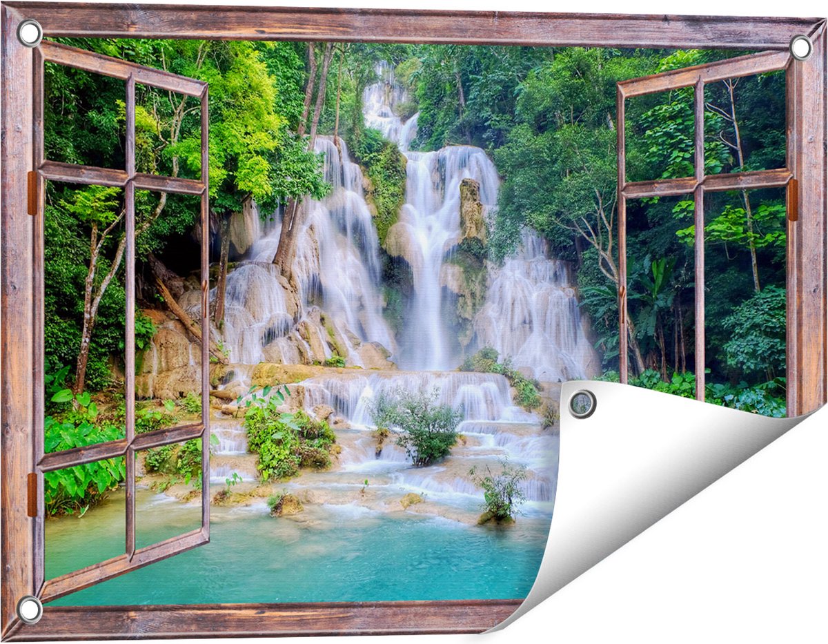 Gards Tuinposter Doorkijk Waterval in het Tropische Natuur - 60x40 cm - Tuindoek - Tuindecoratie - Wanddecoratie buiten - Tuinschilderij Bruin