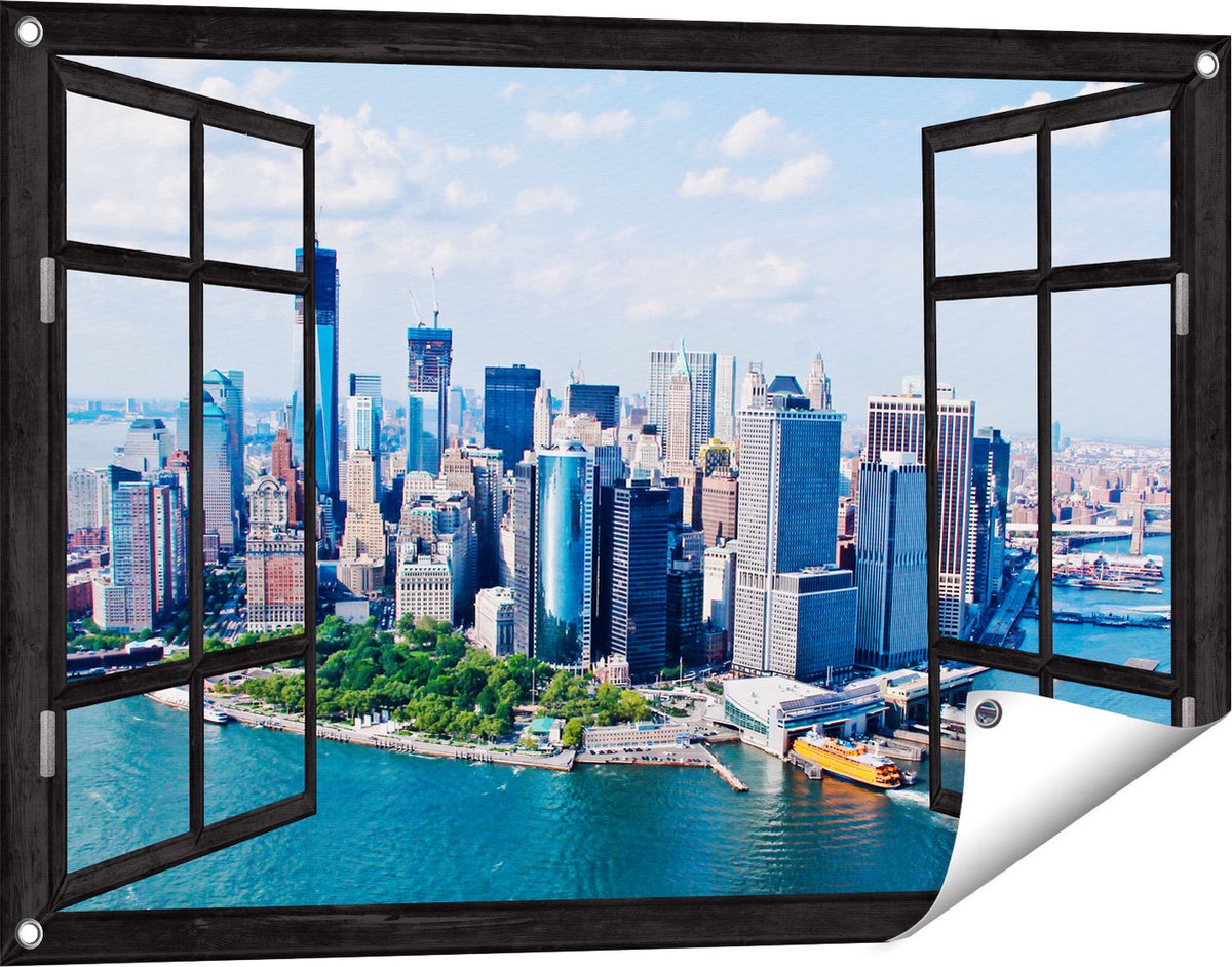 Gards Tuinposter Doorkijk New York Als een Eiland vanuit de Lucht - 90x60 cm - Tuindoek - Tuindecoratie - Wanddecoratie buiten - Tuinschilderij Zwart