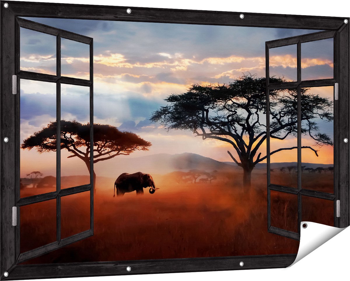 Gards Tuinposter Doorkijk Olifant in het Wild - Savanne - 150x100 cm - Tuindoek - Tuindecoratie - Wanddecoratie buiten - Tuinschilderij Zwart