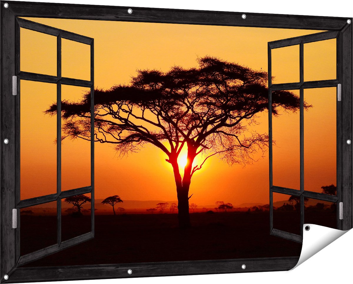 Gards Tuinposter Doorkijk Zonsondergang Achter een Savanne Boom - 150x100 cm - Tuindoek - Tuindecoratie - Wanddecoratie buiten - Tuinschilderij zwart