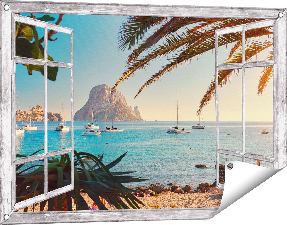 Gards Tuinposter Doorkijk Ibiza Cala d'Hort Strand - 90x60 cm - Tuindoek - Tuindecoratie - Wanddecoratie buiten - Tuinschilderij grijs