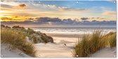 Wanddecoratie buiten Strand - Duin - Gras - Zonsondergang - Zee - 160x80 cm - Tuindoek - Buitenposter Wanddecoratie buiten Strand - Duin - Gras - Zonsondergang - Zee - 160x80 cm