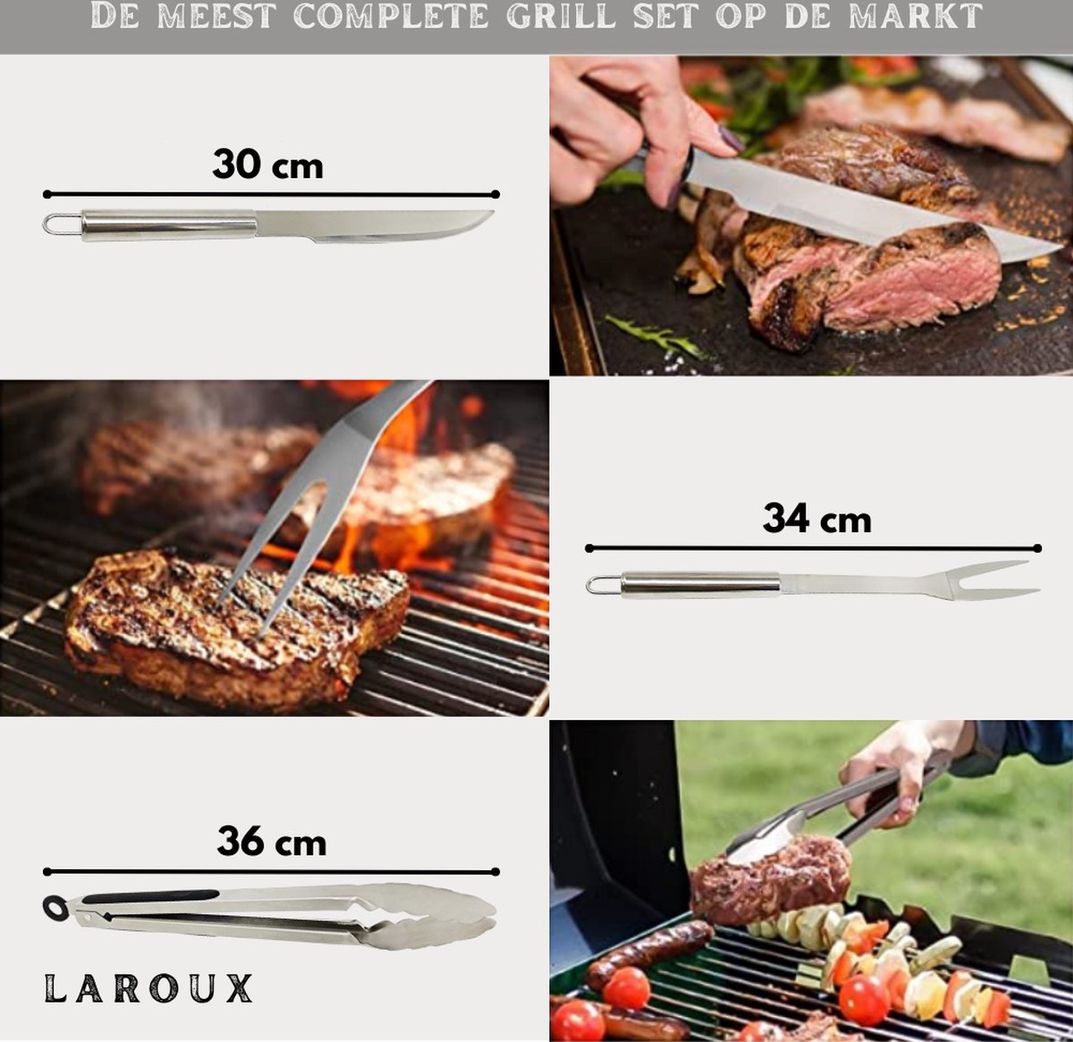 Laroux Barbecuegerei Set - 10-delig - Barbecue Accessoires - BBQ Accessoires - BBQ Gereedschapset - BBQ set - Vleestang - Spatel - Inclusief BBQ Schort - BBQ Tang - BBQ borstel
