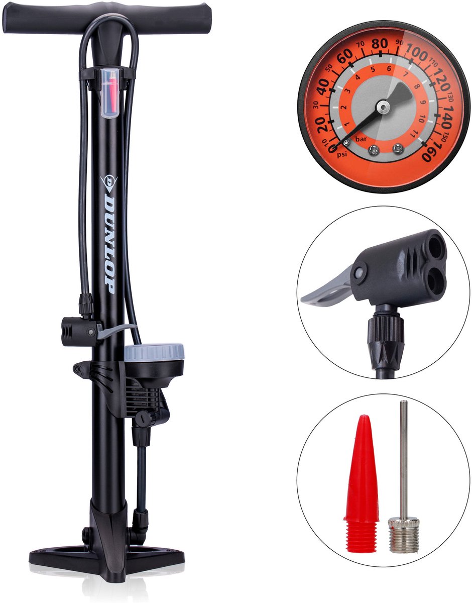 Bol.com Dunlop Staande Fietspomp Pro uitvoering - Analoge Drukmeter - Dubbele Ventielkop - Zwart aanbieding