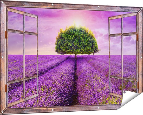 Gards Affiche de jardin Arbre Vert Transparent en Fleurs de Lavande - 150x100 cm - Toile jardin - Décoration de jardin - Décoration murale extérieur - Tableau jardin