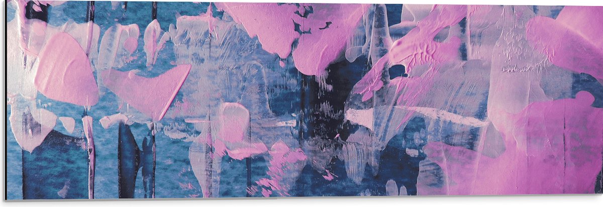 Dibond - Blauwe en Paarse Mix van Verf op Schilderij - 90x30 cm Foto op Aluminium (Met Ophangsysteem)