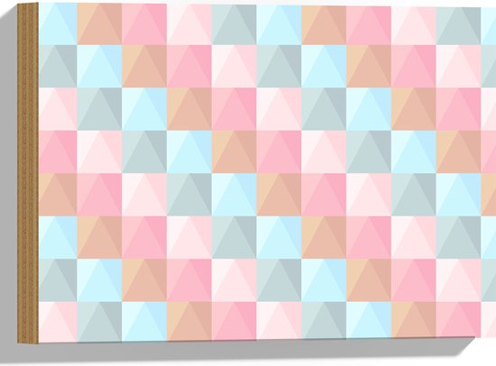 Hout - Blokpatroon van Blauw, Bruin en Roze Vakken - 40x30 cm - 9 mm dik - Foto op Hout (Met Ophangsysteem)