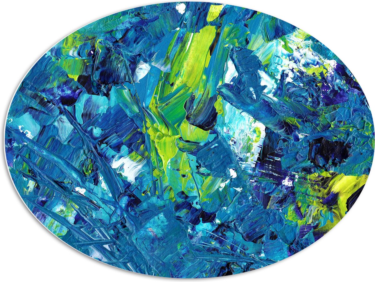 PVC Schuimplaat Ovaal - Gemixte Verf in Blauwe en Groene Kleuren - 96x72 cm Foto op Ovaal (Met Ophangsysteem)