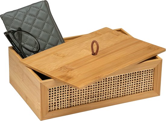 WENKO Badbox Allegre M – Dekorative Bambus-Box Mit Deckel Im Boho-Style, 15 X 7 X 15 Cm, Natur