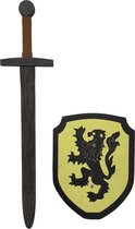 Houten Zwarte Ridder zwaard met ridderschild geel leeuw kinderzwaard ridderzwaard