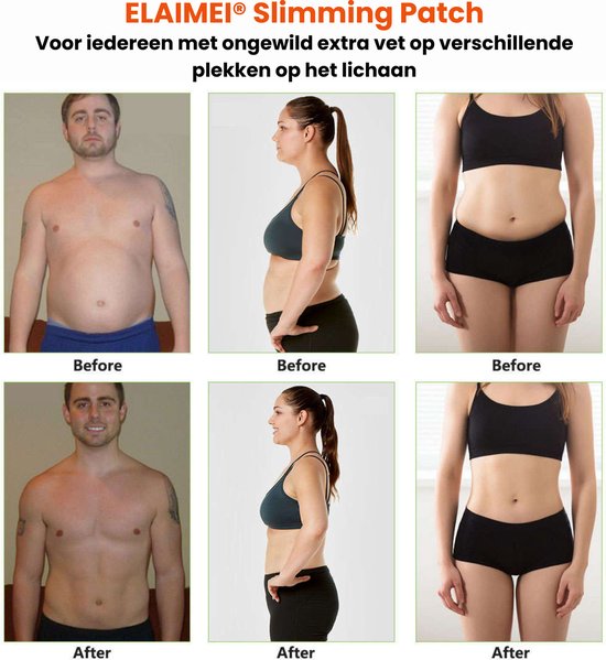 Voor-en-na-foto's van drie personen die afslankpleisters gebruiken.