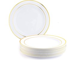 MATANA 25 Witte Feestbordjes, Dinerborden met Gouden Rand voor Bruiloften, Verjaardagen, Dopen, Kerstmis (Kunststof, 26cm) - Vaatwasserbestendig & Herbruikbaar
