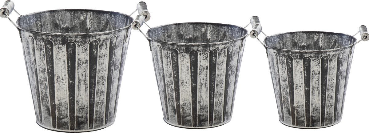 Goedkoopste Emmer/plantenpot/bloempot - set van 3x stuks - zink - antraciet/grijs