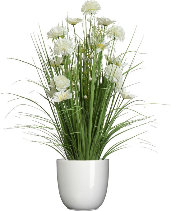 Kunstbloemen boeket wit - in pot wit - keramiek - H70 cm