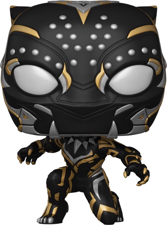 Zwarte Pop! figuur van Black Panther met gouden en zilveren details, in een hurkende pose.