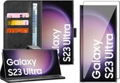 Hoesje geschikt voor Samsung Galaxy S23 Ultra - Screen Protector FullGuard - Book Case Leer Pasjeshouder Zwart & Screenprotector