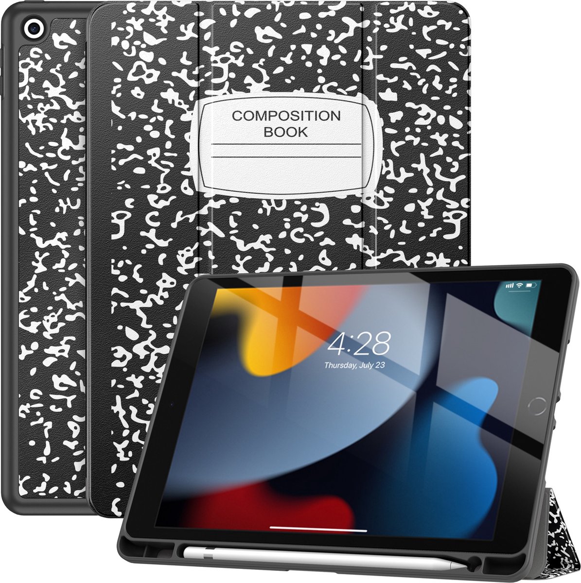 Geschikt Voor iPad 9/8/7 Hoes - 9e/8e/7e Generatie - 2021/2020/2019 - 10.2 Inch - Solidenz Trifold Bookcase - Cover - Case Met Autowake - Hoesje Met Pencil Houder - A2757 - A2777 - A2696 - Schrift - Boek