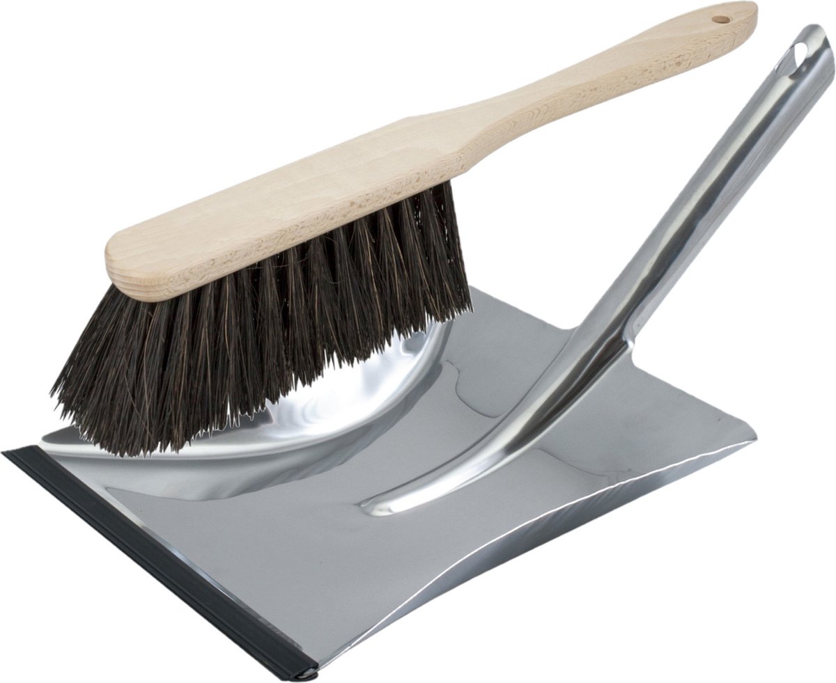 Goedkoopste Stoffer en blik zilver van RVS/hout inclusief lip en lange steel voor binnen - Arenga stoffers