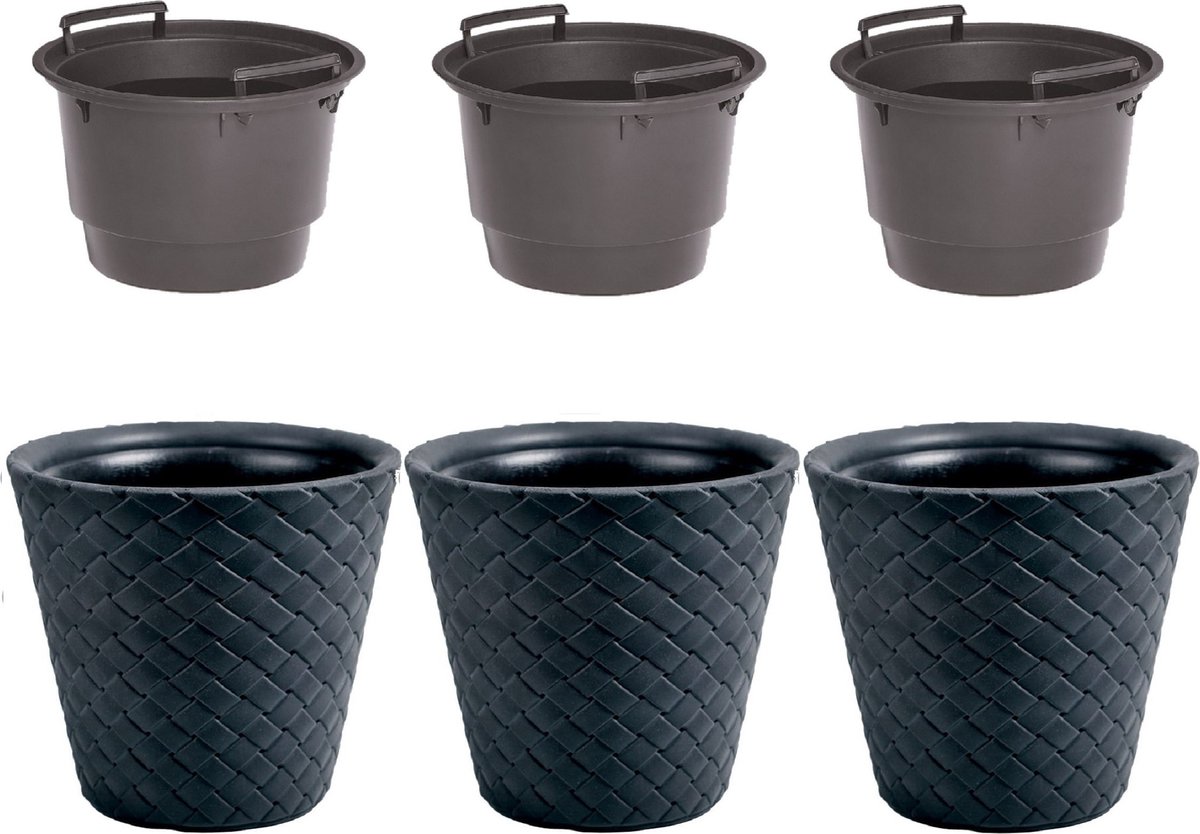 3x Kunststof Matuba rotan bloempotten/plantenpotten antraciet 50 cm inclusief binnenpot/binnenbak