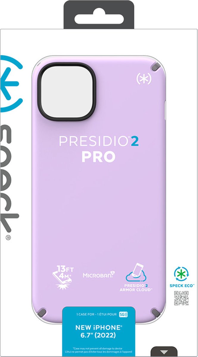 Speck hoesje geschikt voor Apple iPhone 15 Plus en iPhone 14 Plus - Slank - Ultieme Bescherming - Luxe Soft-touch Afwerking - Valbescherming gecertificeerd tot 4 meter - Microban Antibacterieel - Presidio2 Pro lijn - Paars