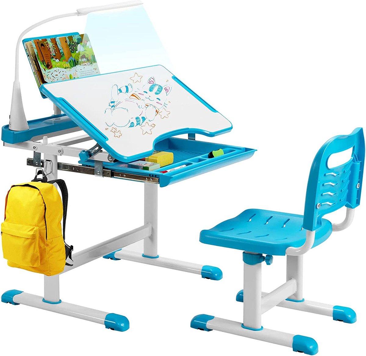 Kinderbureau set met boekenstandaard en ledlicht, in hoogte verstelbare kindertafel en stoel met gekantelde tafelblad en lade, kinderbureau voor jongens en meisjes (blauw)