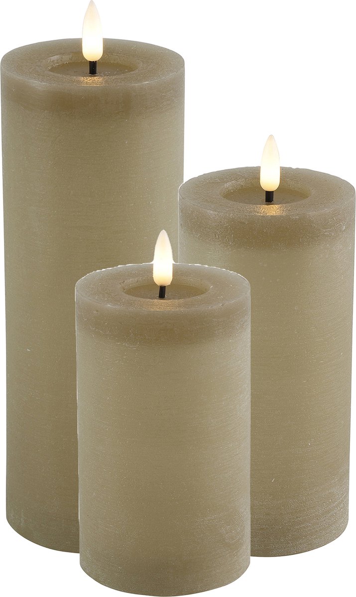 Countryfield LED kaarsen/stompkaarsen - set 3x - beige - H12,5, H15 en H20 cm - warm wit