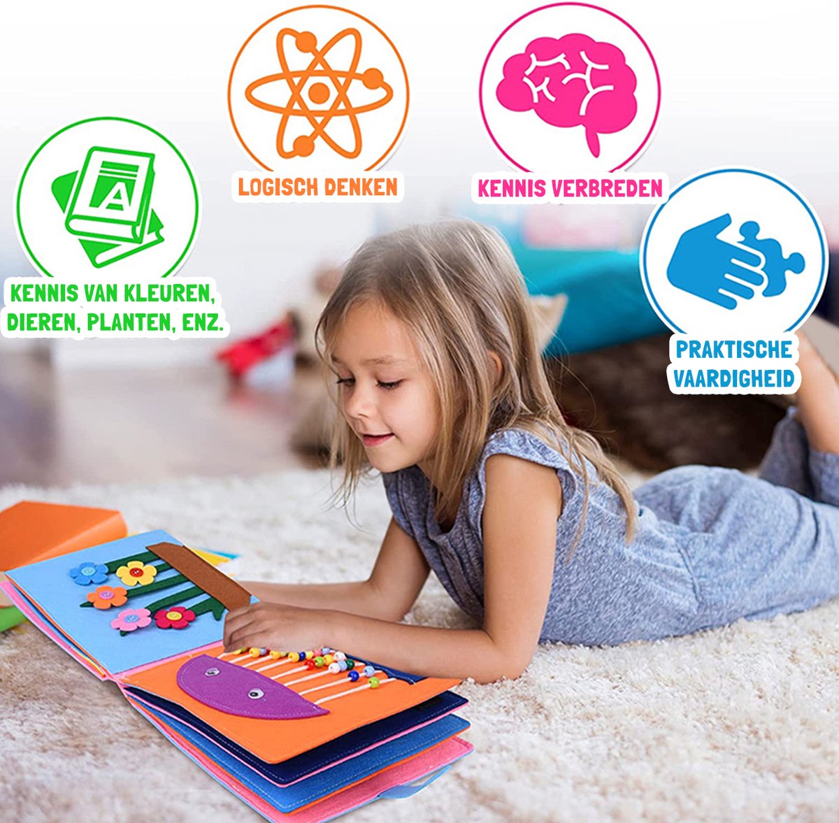 WoodyDoody Motoriek Leerboek xxl Grote uitvoering en extra Dikke Versie 16 Pagina's - Educatief Spel - Sensorisch Speelgoed - Activiteiten Motoriek Map - Ik Leer Kloklezen - Motoriek Speelgoed - Gespen Vast - Montessori Speelgoed - Busy Board — afbeelding 2