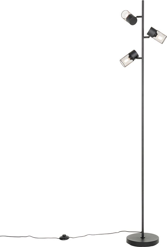 QAZQA jim - Industriele Vloerlamp | Staande Lamp - 3 lichts - H 160 cm - Zwart - Industrieel - Woonkamer | Slaapkamer | Keuken