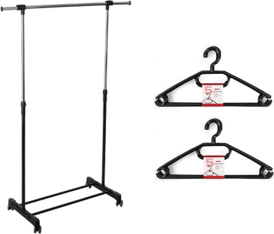 Kledingrek met kleding hangers - enkele stang - kunststof - zwart - 120 x 42 x 165 cm