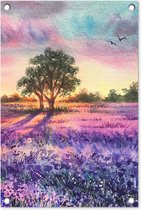 Tuindecoratie Lavendel - Verf - Vogels - Bomen - Paars - 40x60 cm - Tuinposter - Tuindoek - Buitenposter
