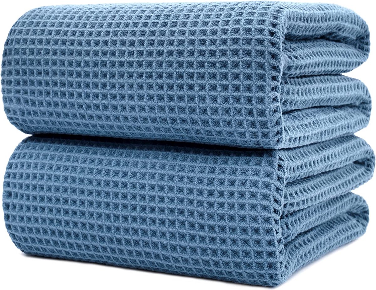 Microvezel badhanddoek - pluisvrij & sneldrogend - wafelstructuur - zeer groot - blauw - 89 x 178 cm - 2 stuks