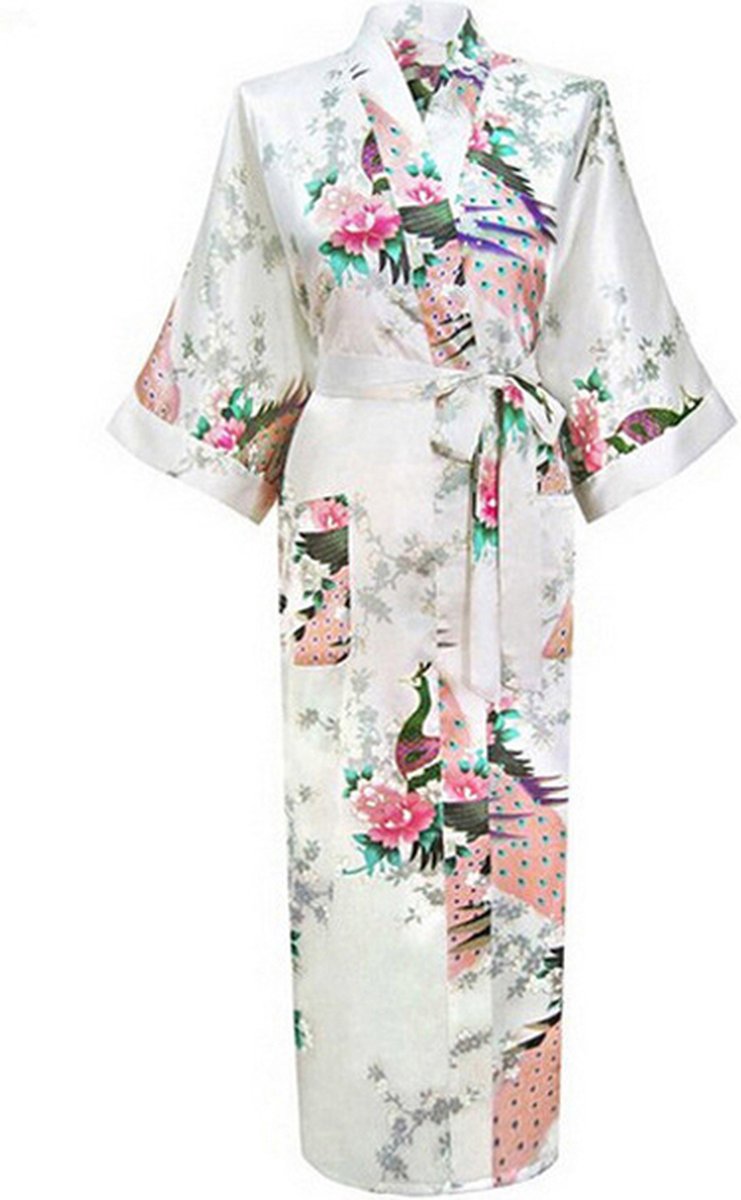 KIMU® Kimono Wit 3/4 - Maat XS-S - Yukata Satijn Onder de Knie - Driekwarts Witte Ochtendjas Japanse Kamerjas Sexy Satijnen Badjas Geisha 152 158 164 Festival